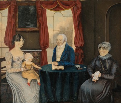 Lot 420 - Naive School. A Regency family group seated at a table, circa 1820s