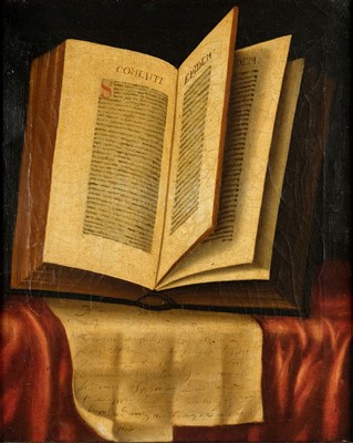 Lot 428 - Still life. An open book on a table, mid 19th century