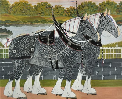 Lot 179 - Attributed to William Robbie (1887-1967). Pair of Shire Horses, watercolour, circa 1900