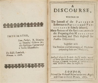 Lot 36 - Coxe (Thomas). Discourse of Physick and Physicians, 1669