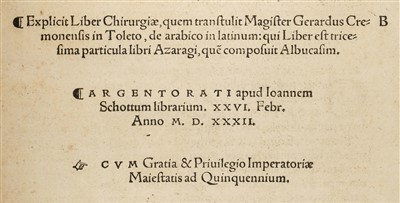 Lot 3 - Zahrawi (Abu'l-Qasim Khalaf ibn 'Abbas al-). Chirurgicorum, Strasbourg, 1532