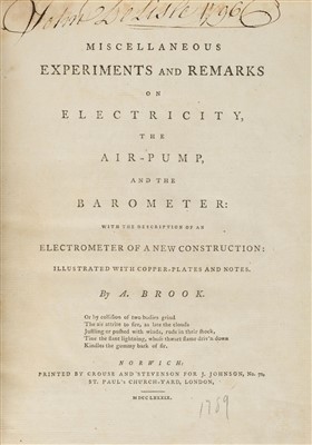 Lot 291 - Brook (Abraham). Miscellaneous Experiments and Remarks on Electricity, 1789