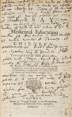 Lot 213 - Brouzet [Pierre]. An Essay on the Medicinal Education of Children, 1st edition, 1755