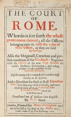 Lot 20 - Lunadoro (Girolamo). The Court of Rome, 1st edition in English, 1654