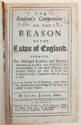Lot 112 - Jacob (Giles). The Student's Companion, 1st edition, 1725