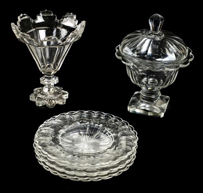 Lot 87 - Glassware. A Georgian slice cut pedestal preserve jar on a square foot