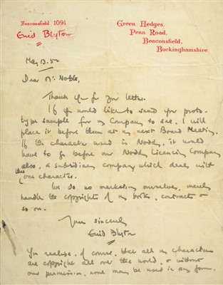 Lot 542 - Blyton (Enid, 1897-1968). Autograph Letter, Signed, 1952