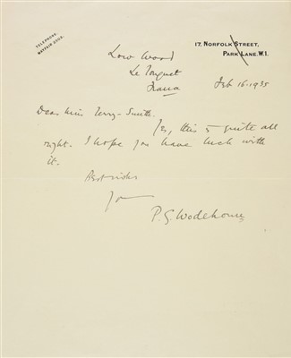 Lot 766 - Wodehouse (Pelham Grenville, 1881-1975). Autograph letter signed, 16 February 1935