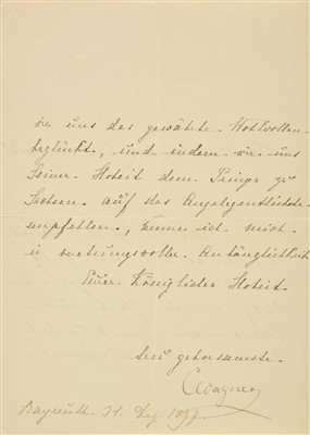 Lot 265 - Wagner (Cosima, 1837-1930). Autograph letter signed, Bayreuth, 31 December 1897