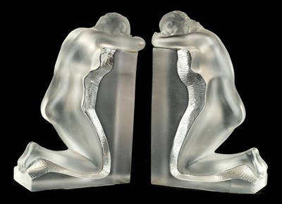 Lot 88 - Lalique (Rene, 1860-1945). A pair of Lalique glass bookends in the form of a kneeling female nude