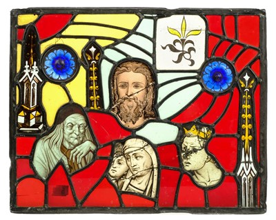Lot 76 - Stained glass panel. A 19th century stained glass panel incorporating some early glass fragments