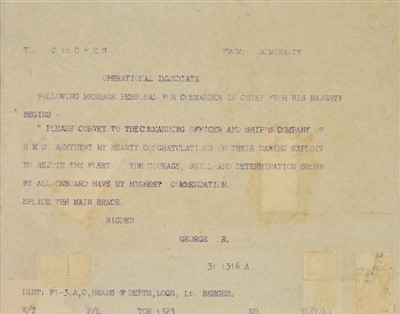 Lot 243 - HMS Amethyst. A rare Telex of congratulations from King George VI, 1949