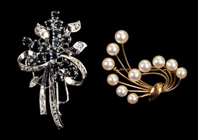 Lot 9 - Brooches. A white metal brooch set with diamonds and sapphires