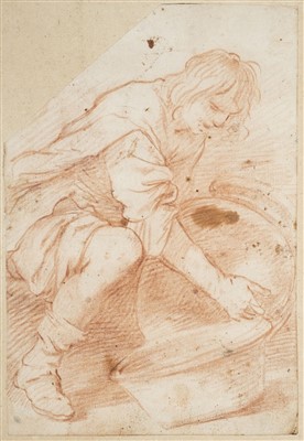 Lot 233 - Continental School. Young Man Stacking Pots, red chalk on laid paper