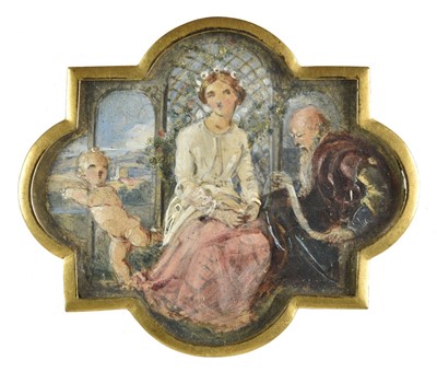 Lot 301 - Frost (William Edward, 1810-1877). Young woman seated in a rose bower with cherub and patriarch