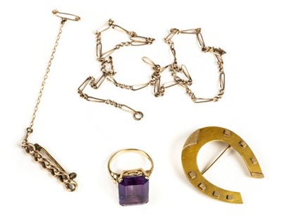 Lot 8 - Brooch. A Victorian 15ct gold horseshoe brooch and other gold items