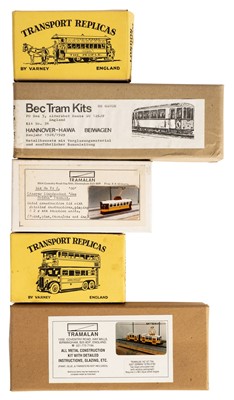 Lot 5 - Tram model kits. A collection of brass etched tram model kits and related