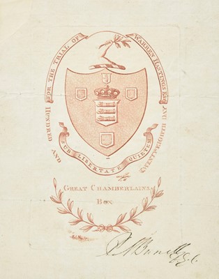 Lot 398 - Hastings (Warren, 1732-1818). An original ticket for the trial of Warren Hastings, 1794