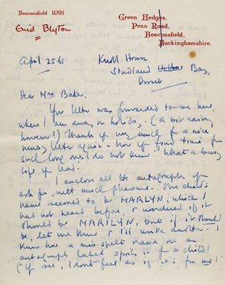 Lot 663 - Blyton (Enid, 1897-1968). Autograph letter signed, 25 April 1961