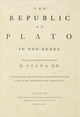 Lot 323 - Plato. The Republic, 1st edition in English, Glasgow: Robert and Andrew Foulis, 1763