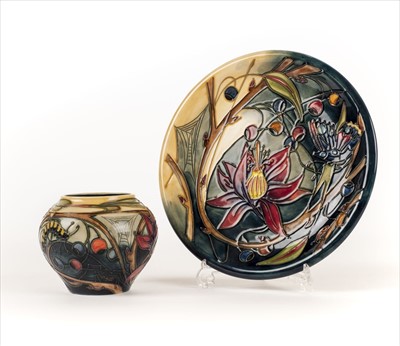 Lot 14 - Moorcroft. A Moorcroft pottery 'Hartgring' pattern plate plus vase