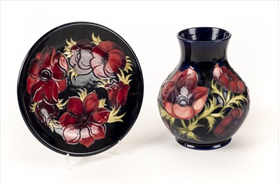 Lot 4 - Moorcoft. A Moorcroft pottery 'Amenome' pattern vase plus a dish