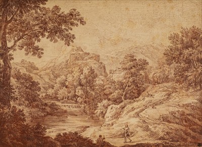 Lot 277 - Dughet (Gaspard, 1615-1675). Landscape with two figures on a path by a river
