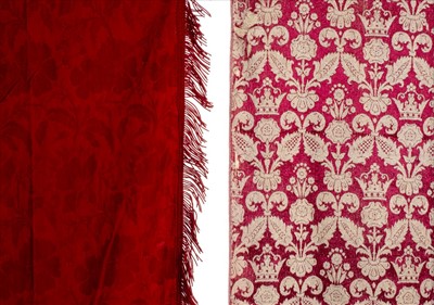 Lot 180 - Curtains. A pair of scarlet damask curtains, 19th century, and others