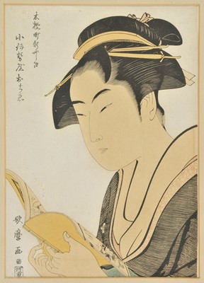 Lot 429 - Utamaro (Kitagawa, 1753-1806). Bijin reading a book, Edo period, circa 1790 and others