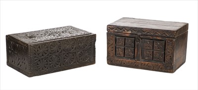 Lot 59 - Oak box. A carved oak box probably 18th century
