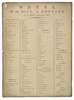 Lot 200 - Broadside Menu. Notes, of the Diet, at Hoghton, at the King's coming there, 1617