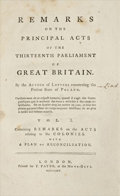 Lot 21 - Lind (John). Remarks on Acts relating to the Colonies, 1st edition, 1775, untrimmed copy