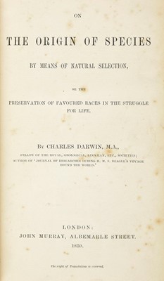Lot 230 - Darwin (Charles). On the Origin of Species, 1st edition, 1859, original cloth