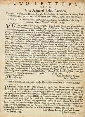 Lot 725 - Lawson (John, Vice-Admiral). Two Letters from Vice-Admiral John Lawson, 1659