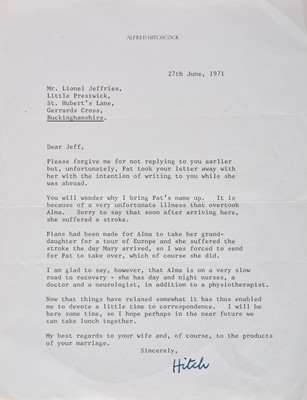 Lot 636 - Hitchcock (Alfred, 1899-1980). Typed letter signed, 'Hitch', 27 June 1971