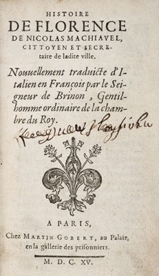 Lot 531 - Machiavel (Nicolas). Histoire de Florence, Paris: Martin Gobert, 1615