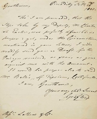 Lot 589 - Grafton (Augustus Henry Fitzroy, 3rd Duke, 1735-1811). ALS, 1805