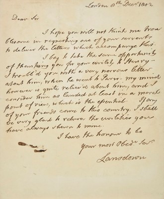 Lot 591 - Shelburne (William Petty, 2nd Earl, 1737-1805). ALS, 1802