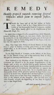 Lot 542 - Political Broadsides. A Remedy Humbly propos'd towards removing several Obstacles..., [1718?]