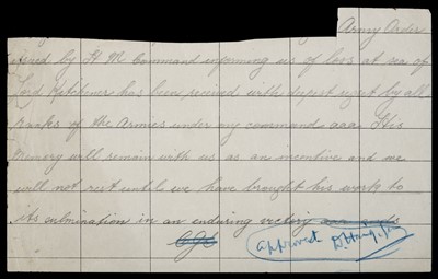 Lot 631 - Death of Lord Kitchener. Draft telegram approved by Haig, [June 1916]