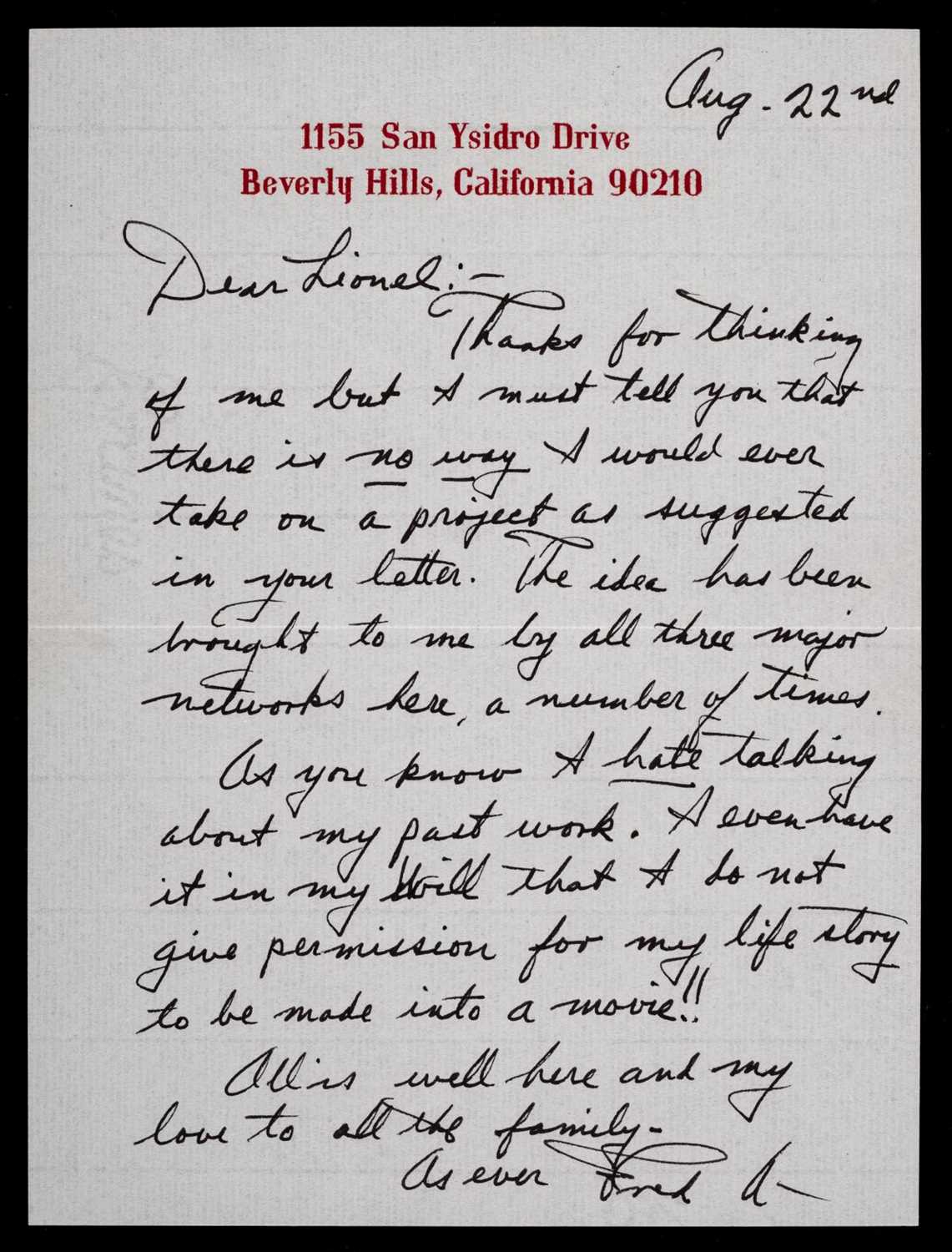 Lot 618 - Astaire (Fred, 1899-1987). A group of 10 Autograph Letters Signed, 1961-86