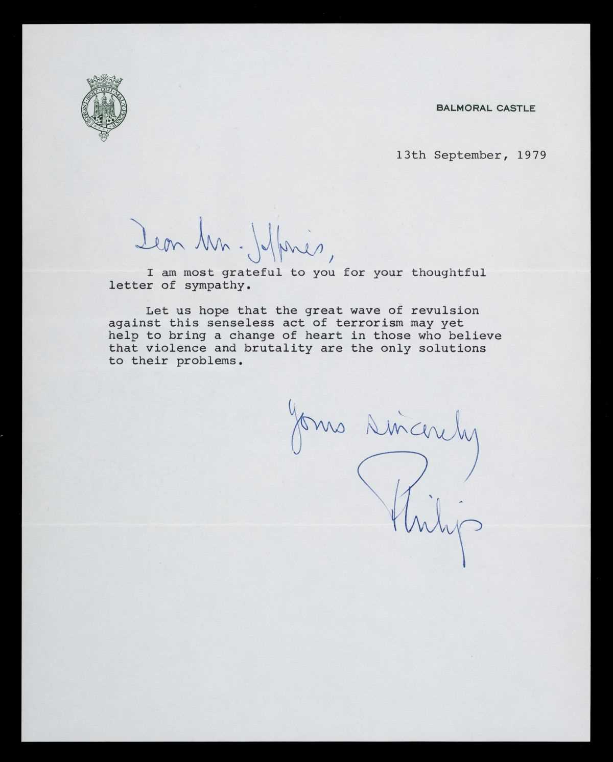 Lot 608 - Philip (Prince, Duke of Edinburgh, 1921-). Typed Letter Signed, 13 September 1979