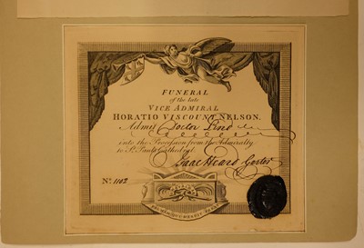 Lot 728 - Nelson (Horatio, 1st Viscount Nelson, 1758-1805). Ticket for Funeral Procession, 1806