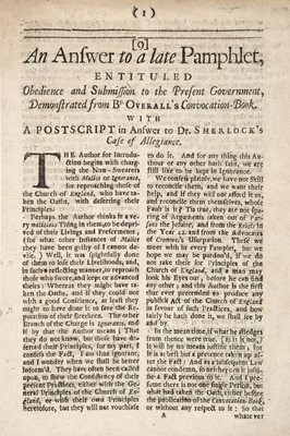 Lot 567 - Wagstaffe, Thomas. An answer to a late pamphlet..., 1690