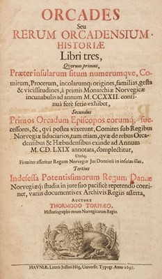 Lot 100 - Torfaeus (Thormodus). Orcades seu Rerum Orcadensium Historiae, 1st edition, Copenhagen, 1697