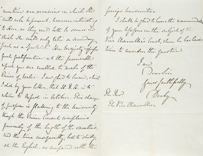 Lot 597 - Derby (Edward Stanley, 14th Earl), Prime Minister 1852, 1858-1859 & 1866-1868. ALS, 1860