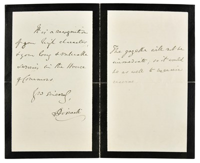 Lot 598 - Disraeli (Benjamin, Earl of Beaconsfield), Prime Minister 1868 & 1874-80, ALS, 1876