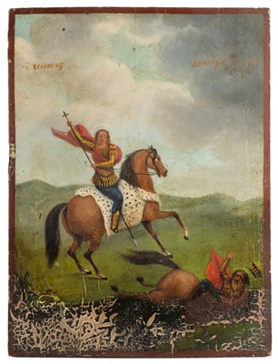 Lot 436 - Russian Icon. Saint Demetrios Slaying King Kaloyani, early 19th century