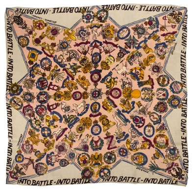 Lot 284 - WWII. Propaganda headscarf 'Into Battle', Jacqmar, 1940s, and 2 handkerchiefs