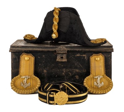 Lot 37 - Larken (Nigel, 1917/18-1941). World War Two Royal Navy officer's bicorn hat, epaulettes and belt